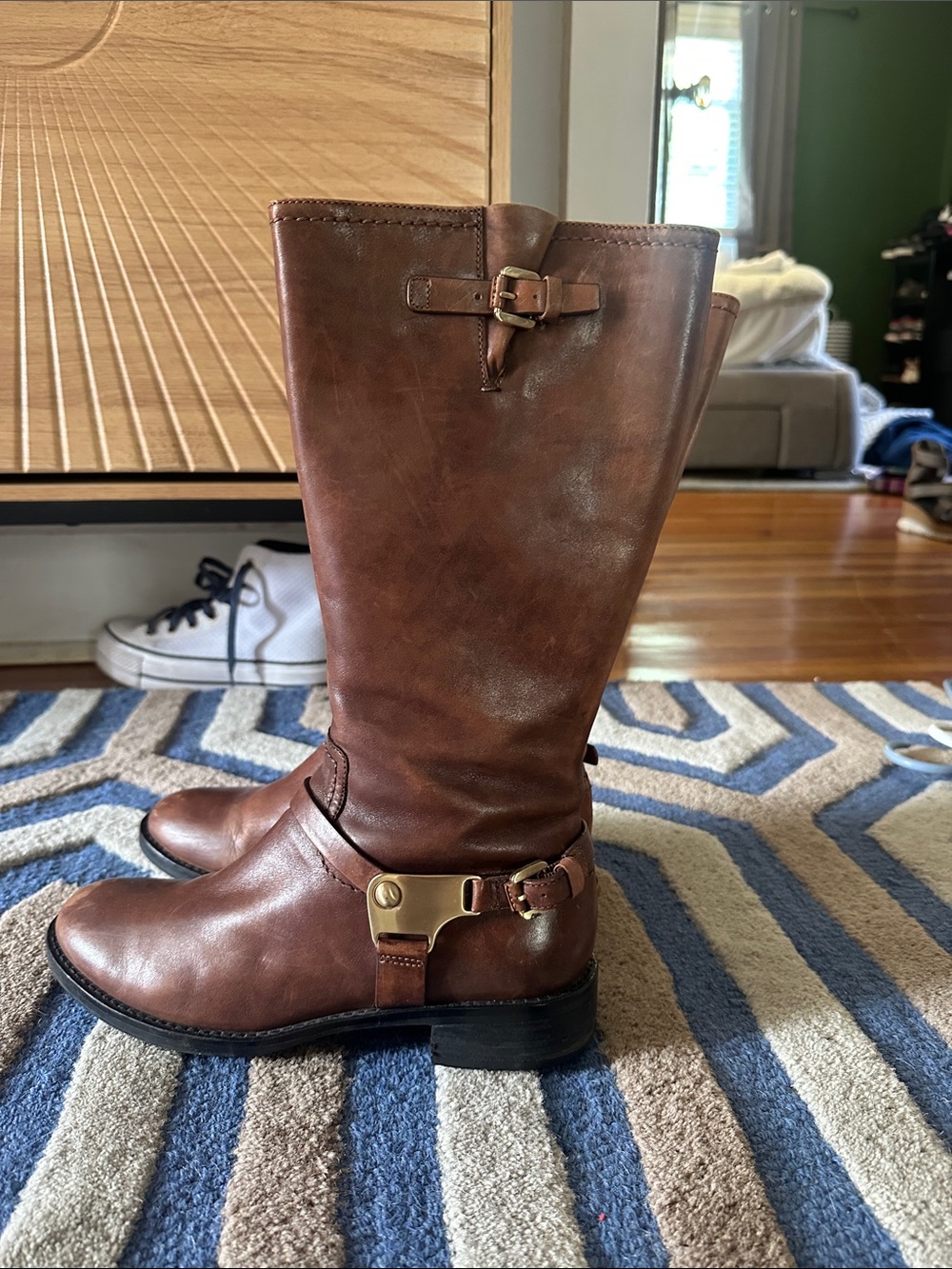 Ecco Brown 💯 Leather Mid-Calf Riding Boots with Gold Hardware size 38